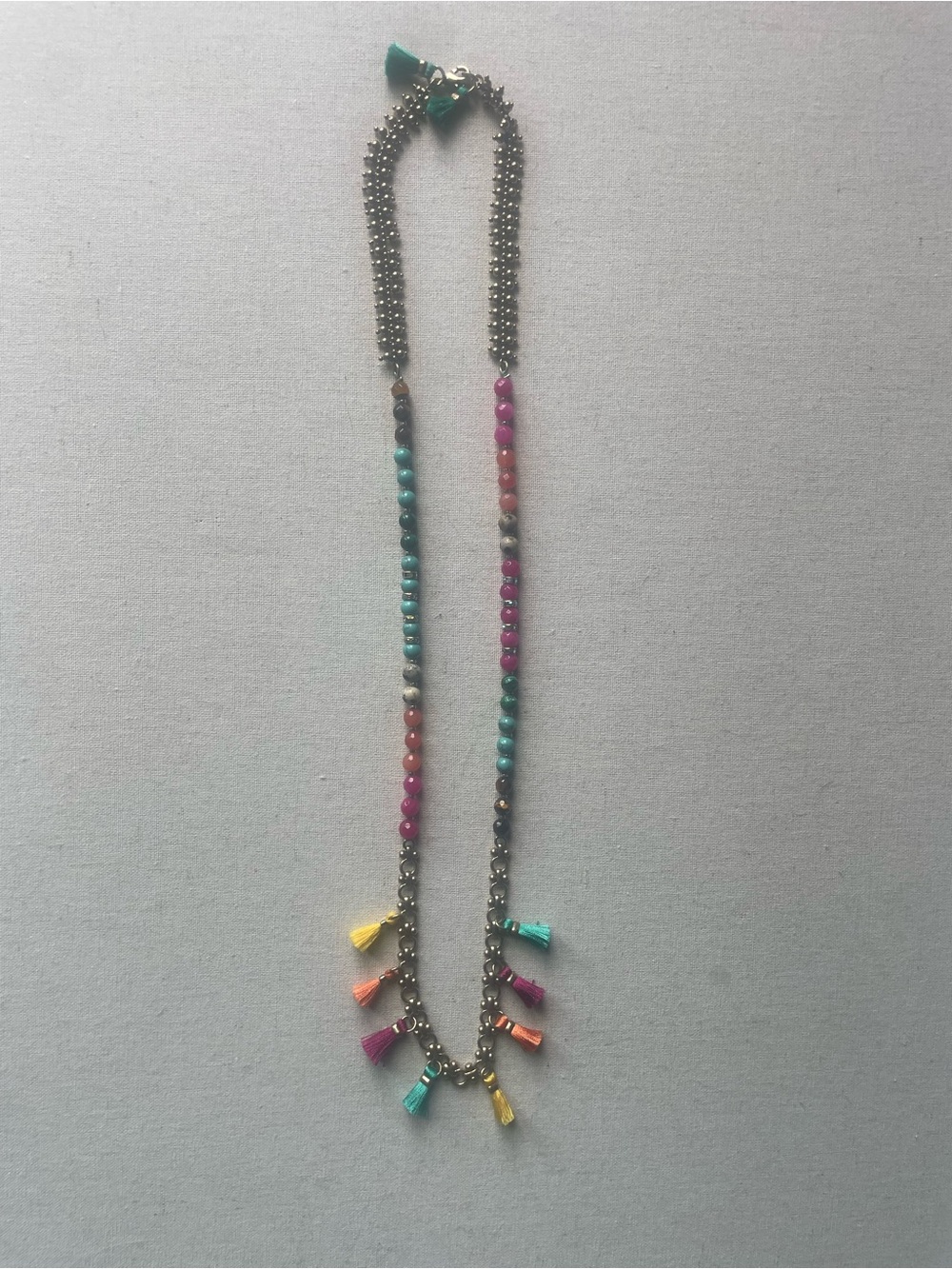 Chico's Multi-Strand Beaded Tassel Necklace Boho Multicolor Turquoise Pink Gold